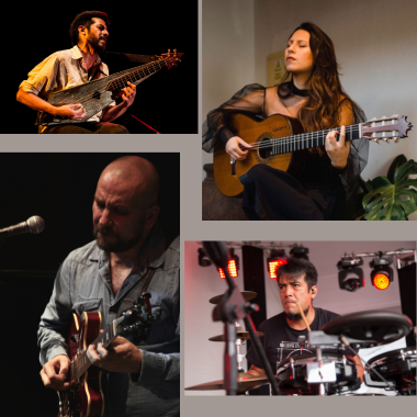 Collage of DiNorah Records artists playing instruments